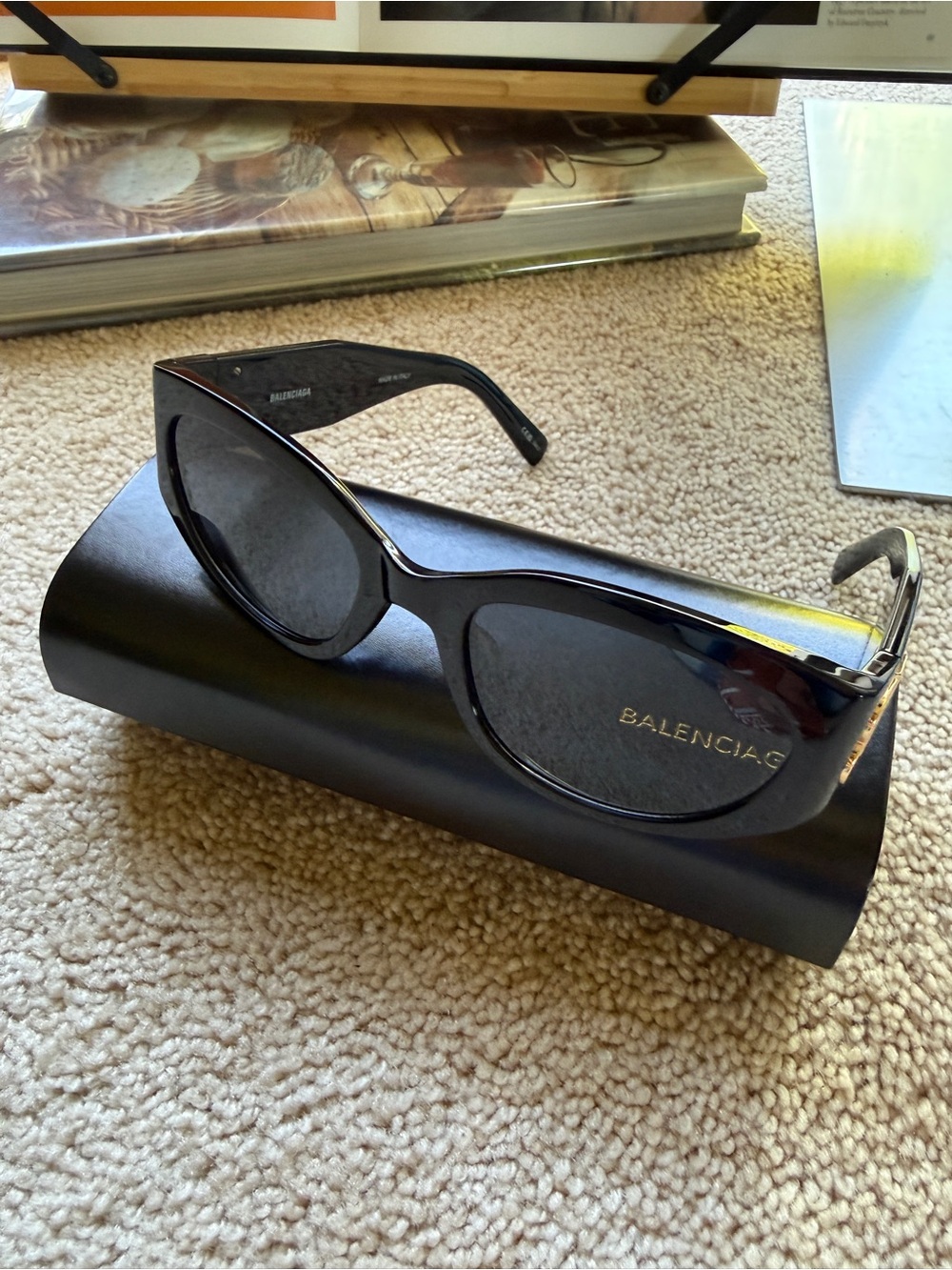 Balenciaga Black Cat-Eye Sunglasses with Gold Logo